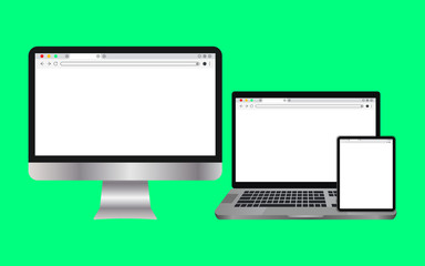 Simple white Web browser window with a green background and isolated with Computers, Laptops and Tablets.