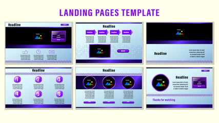 Set Landing pages with gradient purple rectangular strips and elements, photo frames template with the background the pattern of contour corners. Business presentation vector illustration.