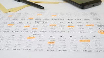 Monthly Family Budget Worksheet. Financial account document and paper notes. Orange marker pen on desk - Powered by Adobe
