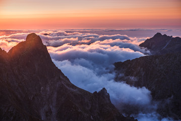 Mountains Landscape with Inversion in the Valley at Sunset as seen From Rysy Peak in High Tatras, Slovakia