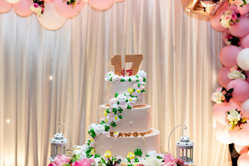Sweet seventeen cake birthday party with decoration