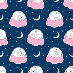Wallpaper murals Animals with balloon Seamless cute pattern, polar white bear sleeps on a pink cloud, starry sky, crescent moon, good night. Print for wrapping, wallpaper, fabric, textile. Vector illustration for children.