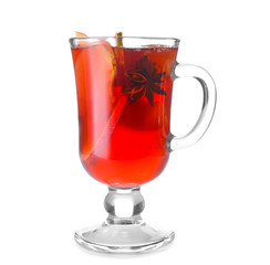 Glass cup of tasty mulled wine on white background