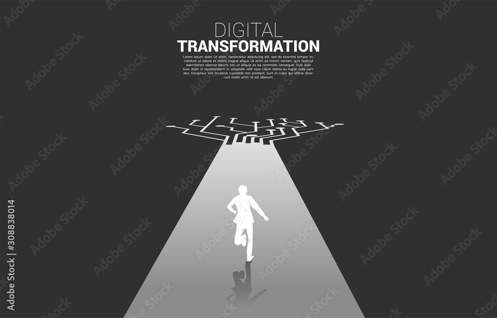Aufkleber Silhouette of businessman running on the way with dot connect line circuit. concept of digital transformation of business.