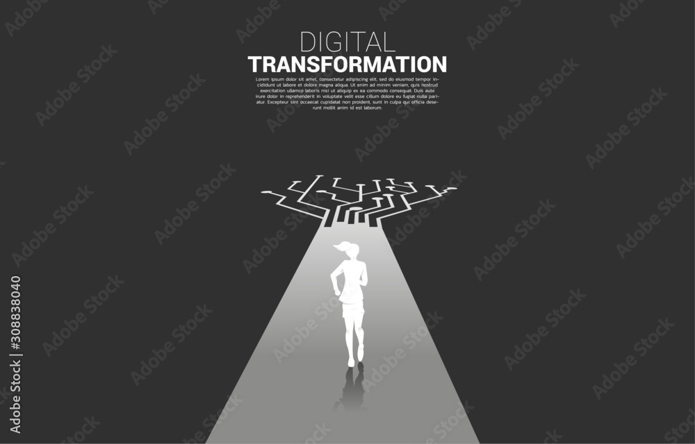 Poster silhouette of businesswoman running on the way with dot connect line circuit. concept of digital tra