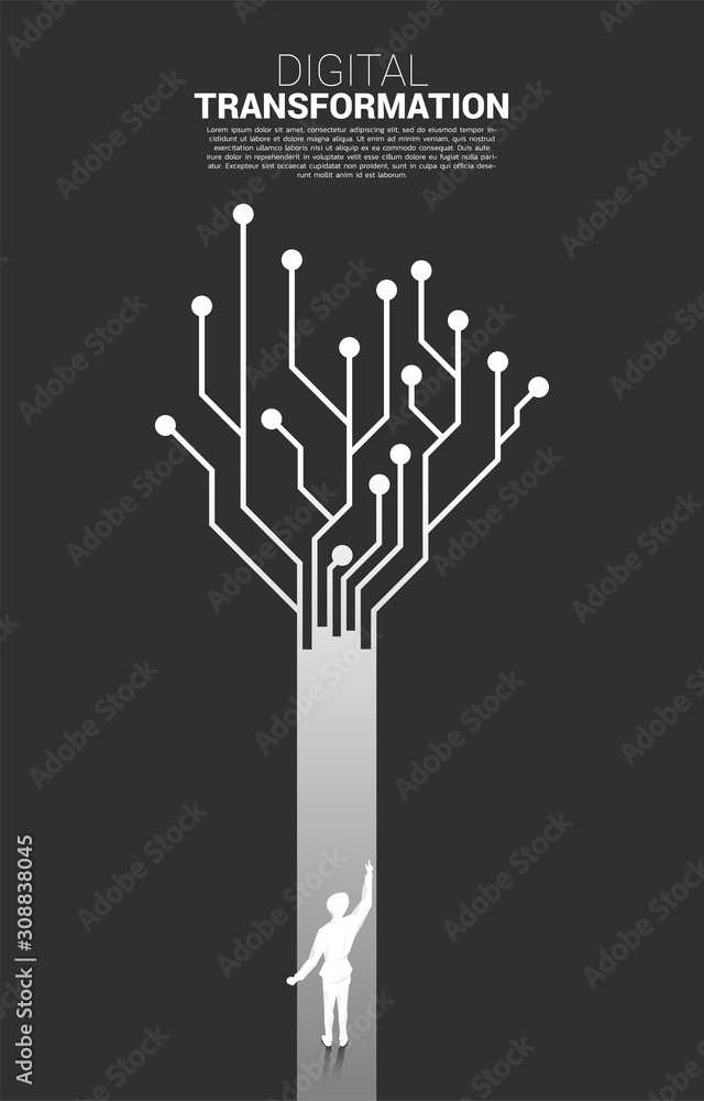 Poster Silhouette of businessman standing on the way with dot connect line circuit. concept of digital transformation of business.