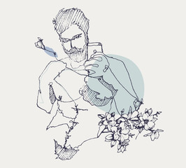 Drawing sketch illustration of a young topless man taking a selfie