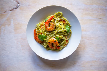 King prawns and pesto sauce with spaghetti