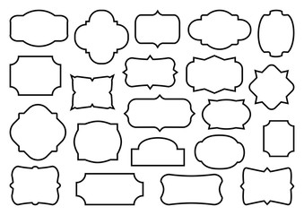 Obraz premium Vintage frames different shape decorative badges, template banner, line art. Vector illustration