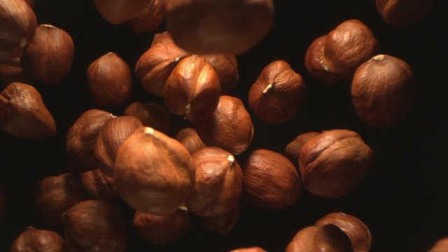 Hazelnut Nuts Flying in the Air in a Free Fall in Slow Motion on Black Background at 1500 fps 