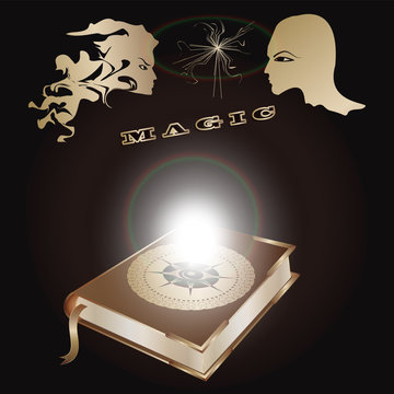 Book Magic, glowing light, the struggle of the mind in mystical images - black background - illustration, vector. Occultism, Spiritism, Philosophy Concept