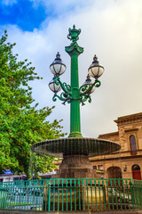 Fototapeta na wymiar Close-up of gorgeous green Burke & Wills heritage fountain and lamp post in the famous 19th century gold mining city of Ballarat in rural Victoria (Australia)