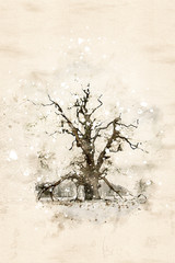 Watercolor painting of a lonely old oak tree in winter with snow flakes falling. Illustration with copy space. Computer generated.