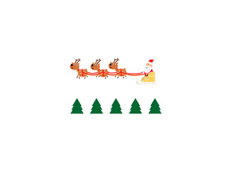 Happy Santa Claus flies rides on a yellow sled with three cute brown deers they have red reins bells and funny mood from below five trees new year or Christmas Vector flat isolated on white background