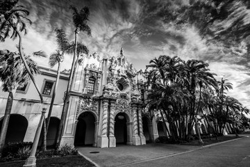 Black and white photograph of Casa Del Prado in Balboa Park , San Diego, California