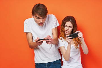 young couple in t-shirts chatting