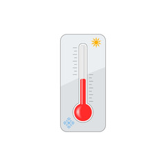 Vector icon thermometer glass bulb, cold, snowflake, the warmth of the sun, the scale of measurement. Element isolated on light background.