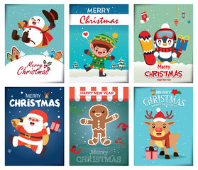 Fototapeta premium Vintage Christmas poster design set with vector Snowman, Santa Claus, reindeer, elf, penguin, gingerbread man characters.