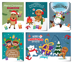 Vintage Christmas poster design set with vector Snowman, Santa Claus, reindeer, elf, bear, gingerbread man characters.