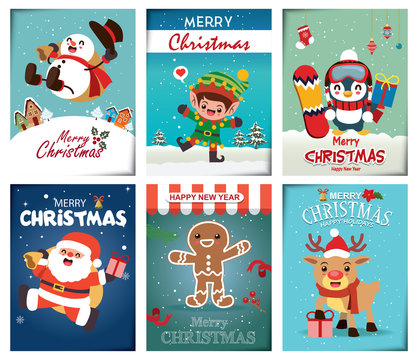 Vintage Christmas poster design set with vector Snowman, Santa Claus, reindeer, elf, penguin, gingerbread man characters.