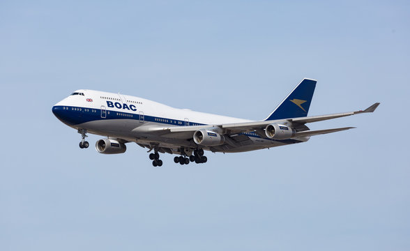 Chicago, USA - March 29, 2019: A British Airways Boeing 747 landing at O'Hare International Airport. British Airways takes a step back in time to welcome Boeing 747-400 with BOAC livery.