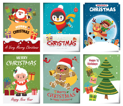 Vintage Christmas poster design set with vector Snowman, Santa Claus, reindeer, elf, penguin, Santa Lady , gingerbread man characters.