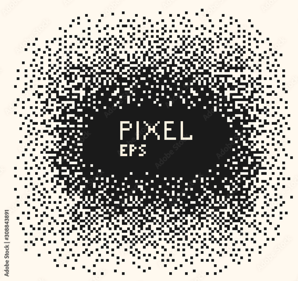 Poster pixel mosaic explosion. effect, dissolution, monochrome fine particles, squares. indent, place for t