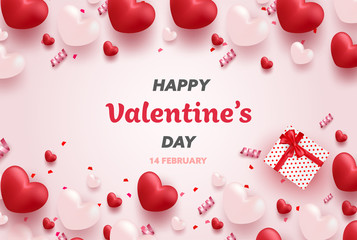 Happy Valentine's Day banner with Red and Pink luxury hearts, gifts box, ribbon and lovely elements. Valentine background design vector illustration.