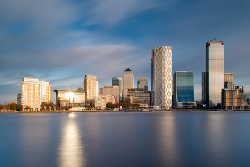 Skyline of Canary Wharf District With the Sun Reflecting in Buildings, London, UK