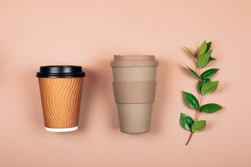Refillable and disposable cups. Concept of plastic-free and zero waste living