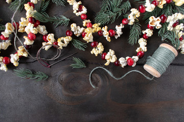 Christmas garland of red cranberries and popcorn kernels with copy space © Lynne Ann Mitchell