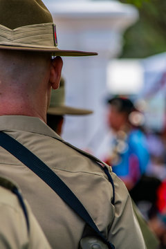 Close-up detail of Australian Army soldier's shaven head, Slouch hat and rifle sling during ANZAC Day service in Cooroy, near Noosa in Queensland