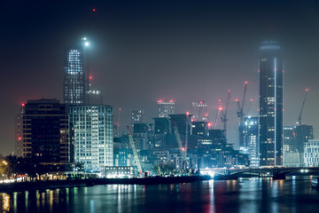 Night View of Buildings and Skyscrapers of West London, UK