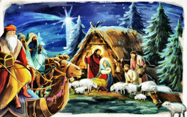 religious illustration three kings - and holy family - traditional scene - illustration for children