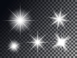 Set white light, flash. Bright star. Shimmering brilliance. Vector design elements on isolated transparent dark background.