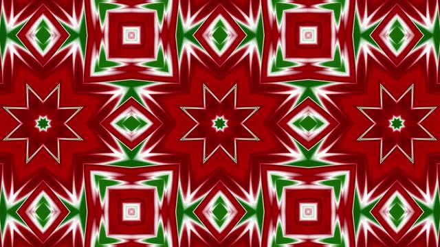 A fast frenetic kaleidoscope motion of a Christmas red green and white pattern is featured in this seamless abstract background loop