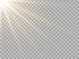 Yellow sun light, flash with soft diagonal rays. Vector design element, template on isolated transparent background.
