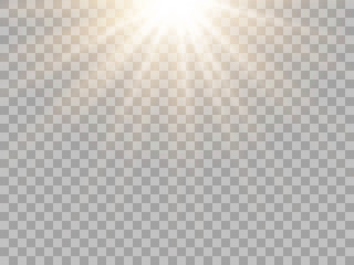 Yellow sun light, flash with soft rays. Vector design element, template on isolated transparent background.