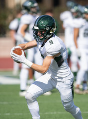 Action photo of athletic football player making amazing play during a football game