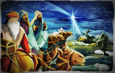 Fototapeta na wymiar religious illustration three kings - and holy family - traditional scene - illustration for children