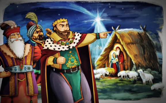 religious illustration three kings - and holy family - traditional scene - illustration for children