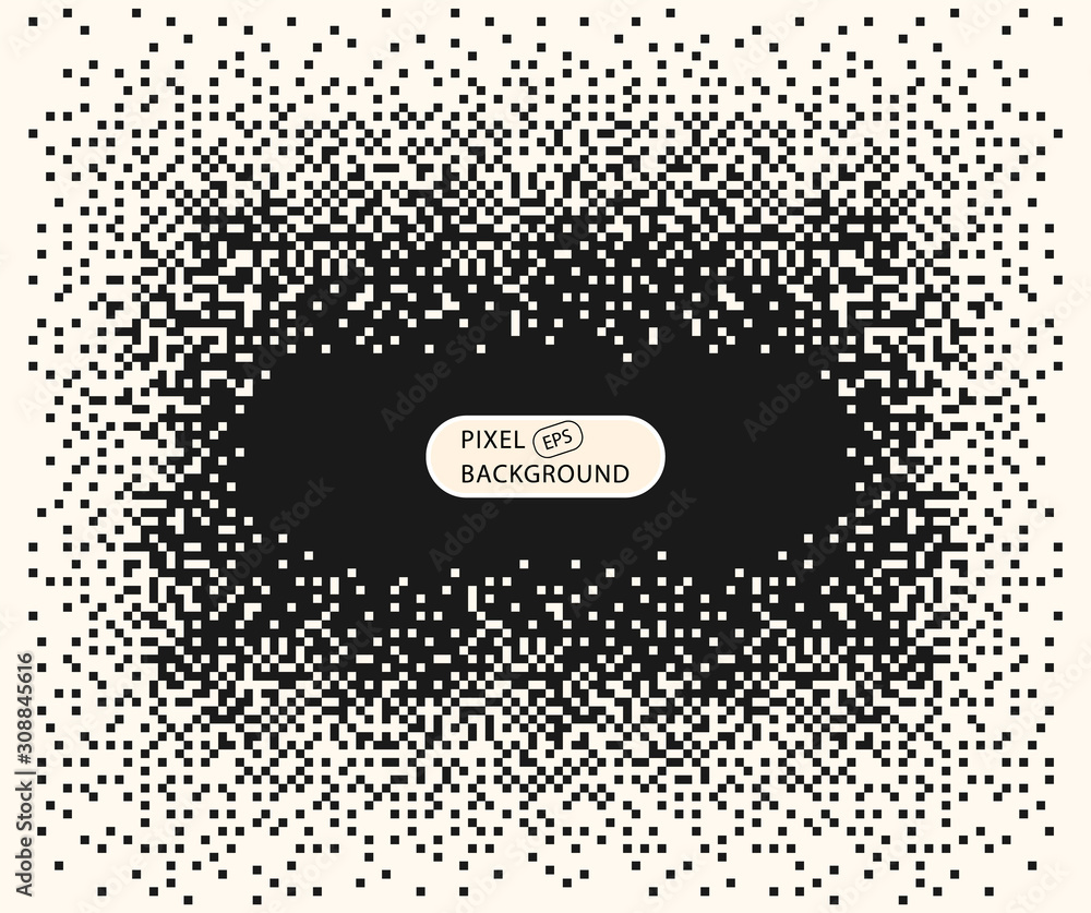 Poster pixel mosaic explosion. effect, dissolution, monochrome fine particles, squares. indent, place for t