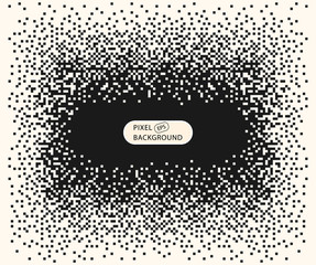 Pixel mosaic explosion. Effect, dissolution, monochrome fine particles, squares. Indent, place for text, banner, poster. Vector element isolated background.