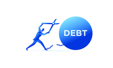 Businessman tries hard to escape with debt. Business work concept illustration about debt and credit. Vector illustration of a flat design