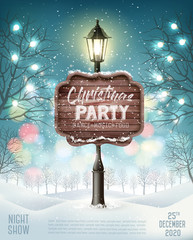 Merry Christmas Party Flyer background with evening winter landscape and lamppost. Vector