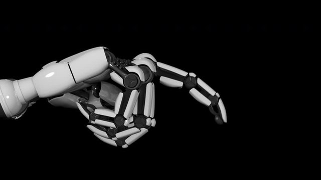 High-tech invention of technological machine robot hand pointing a finger on a black background