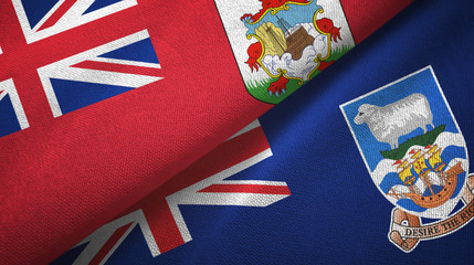 Bermuda and Falkland Islands two flags textile cloth, fabric texture