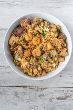 Bowl Of Shrimp Gumbo With Vegetables Flat Lay