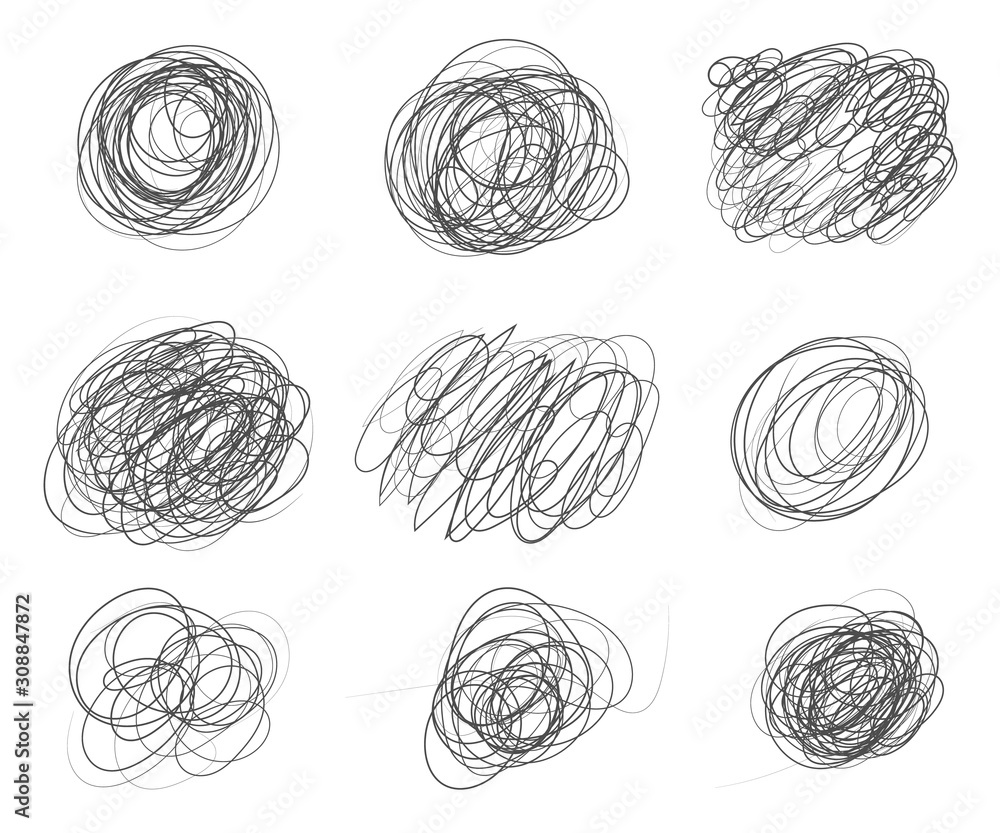 Poster set of chaotic round fine lines hand drawn, texture, doodle, scribble. vector objects isolated on a 