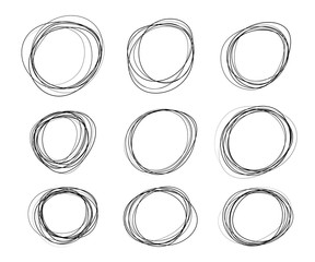 Monochrome circles, square, sketch, selection. Hand-drawn, scribbled. Design elements isolated on a light background.